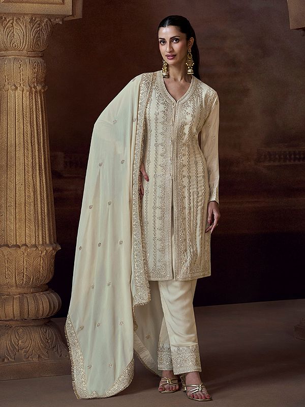 Chinon Salwar Suit With Intricate Thread Sequin Dori Embroidery Work For Wedding And Festive Wear For Women