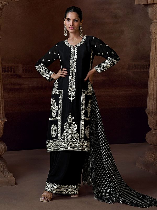 Elegant Chinon Salwar Suit With Thread Sequin Dori Embroidery Work For Wedding Party And Festive Wear