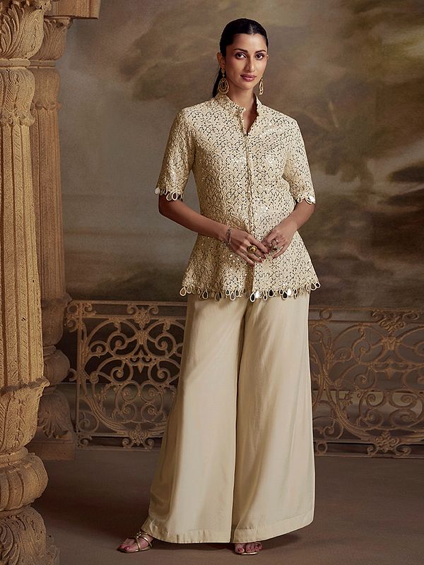 Stylish Georgette Western Palazzo Suit With Thread Sequin Mirror Work For Party And Festive Wear For Women