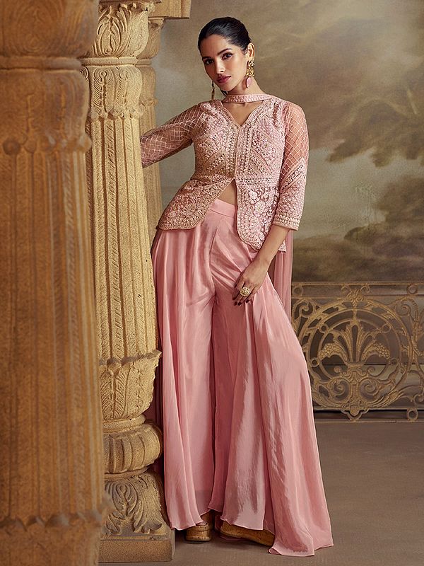 Radiant Net And Georgette Palazzo Suit With Chiffon Dupatta And All Over Thread Sequin Embroidery For Party Wear