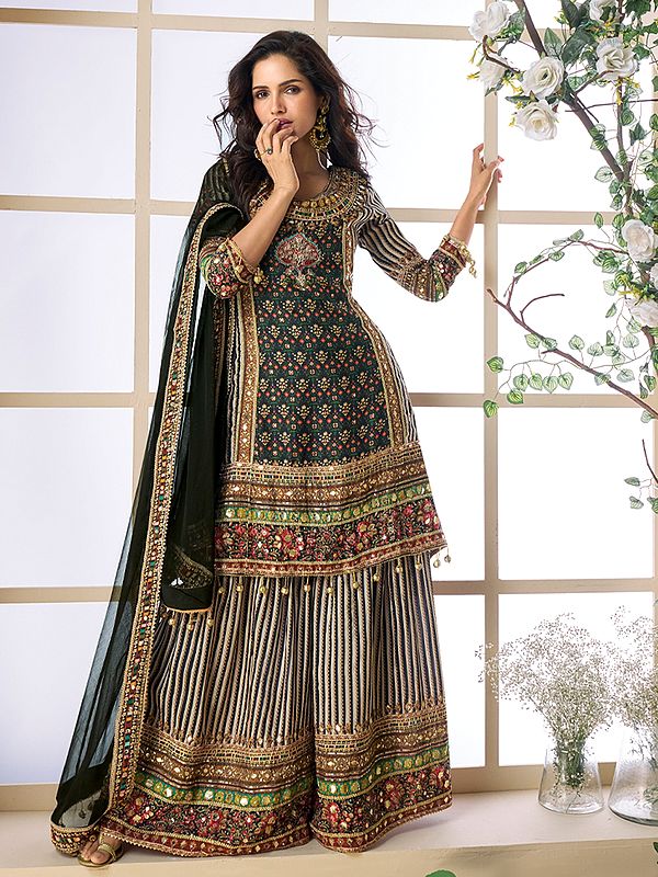 Opulent Ajrakh Print Natural Crepe Palazzo Suit With Embroidered Kurta And Flowing Chiffon Dupatta