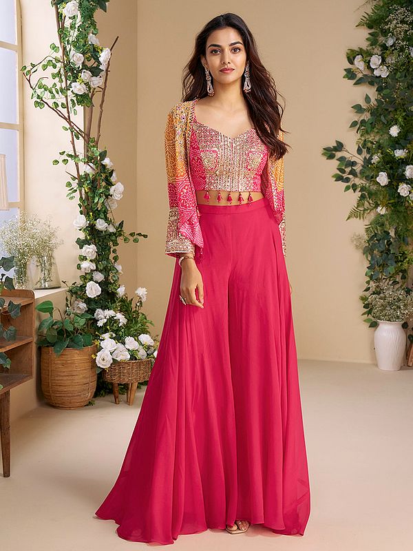 Pink Chinon Indo Western Suit With Bandhani Print Thread Sequin Embroidered Crop Top Jacket And Flared Palazzo