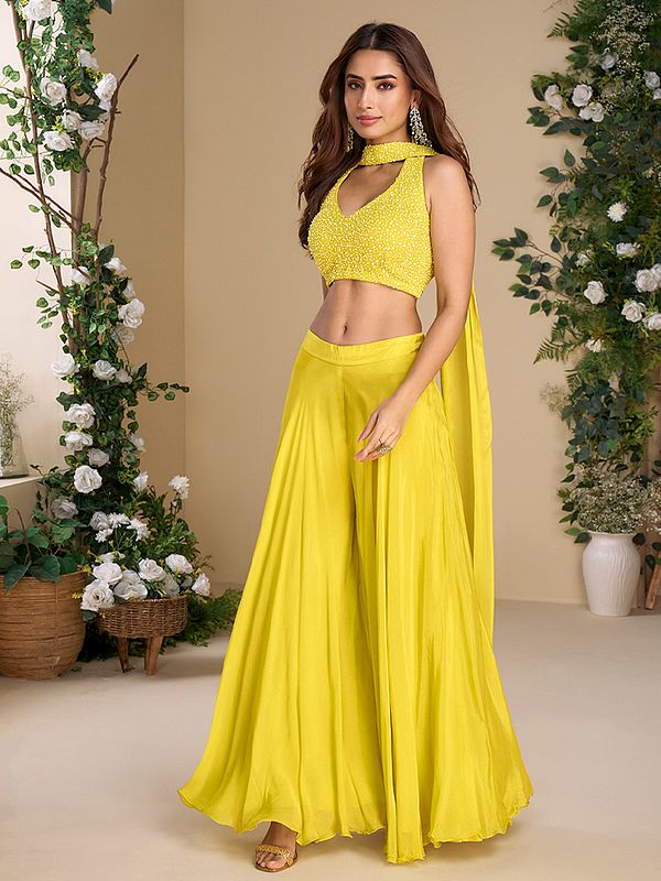 Yellow Chinon Beads Embroidered Indo Western Suit With Sleeveless Crop Top Flowy Palazzo And Matching Dupatta