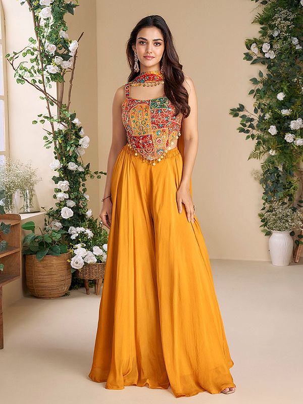 Chinon Bandhani Co Ord Indo Western Set With Thread Sequin Embellished Crop Top And Flowing Palazzo Pants For Women