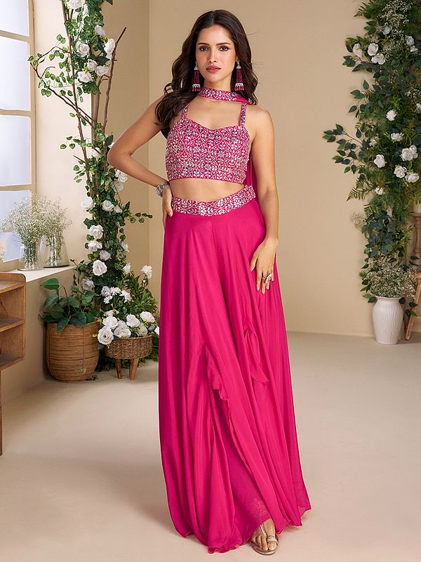 Chinon Indo Western Suit With All Over Thread Sequin Embroidered Crop Top Flowing Palazzo And Stylish Waist Detail For Women