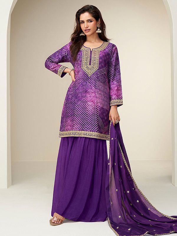 Purple Chinon Bandhani Print Palazzo Suit With Thread Sequin Embroidered Kurta And Dupatta For Women Festive Wear