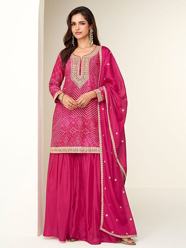 Pink Chinon Palazzo Suit With Bandhani Pattern And Heavy Thread Sequin Embroidered Kurta Dupatta Set For Women