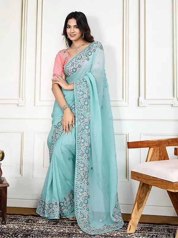Elegant Star Georgette Saree With C Pallu Embroidery Border And Mono Banglori Silk Blouse For Bridal Wear