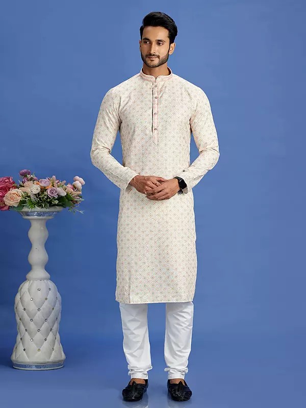 Digital Printed Cotton Mandarin Collar and Embroidery Work Straight Festive Wear Kurta Pajama Set