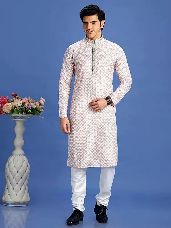 Cotton Mandarin Collar and Embroidery Work Straight Kurta Pajama Set with Digital Print for Festival Occasions