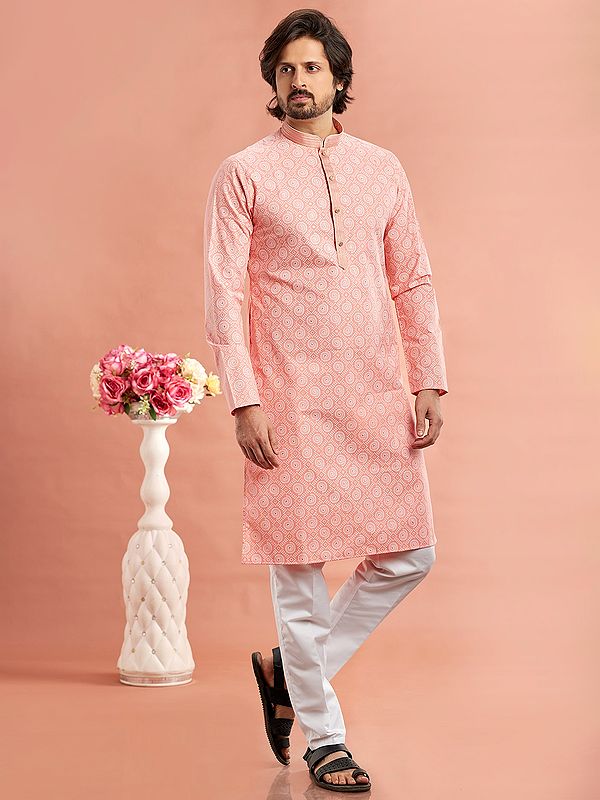 Pink Straight Kurta and Aligarhi Pajama with Embroidery Work on Collar for Festival