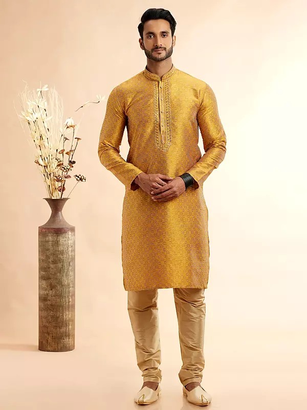 Golden Elegant Jacquard Art Silk Kurta Pajama with Mirror and Machine Work Perfect for Wedding Occasions
