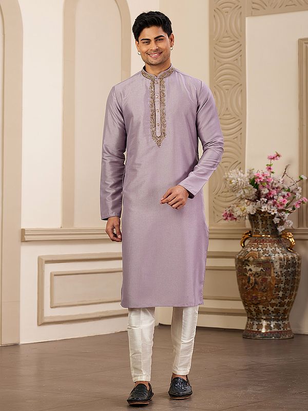 Light Purple Plain Kurta with Pajama in Banarasi Art Silk and Mandarin Collar