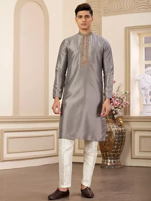Gray Banarasi Art Silk Plain Kurta and Pajama with Mandarin Collar