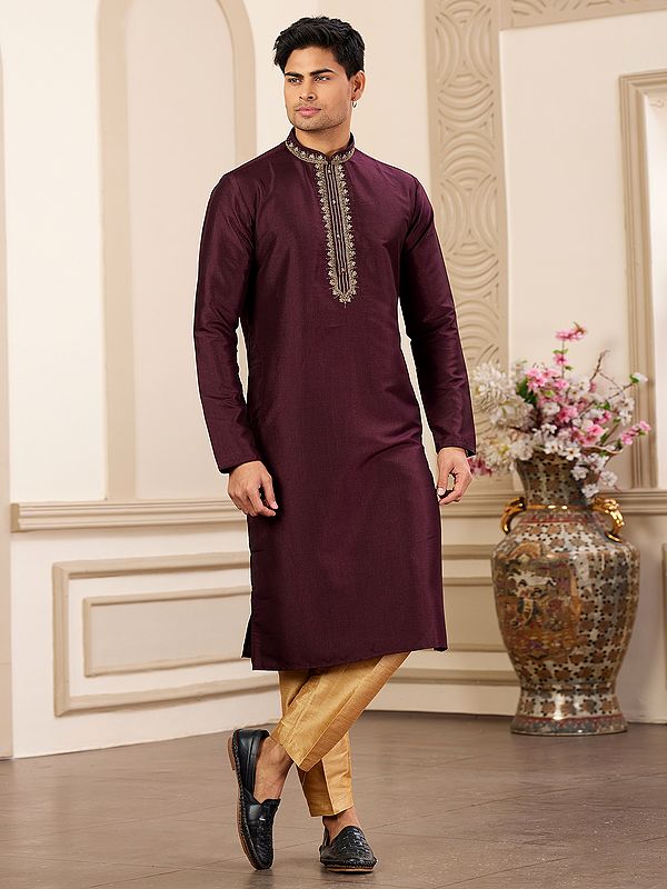 Plain Kurta with Pajama of Banarasi Art Silk and Mandarin Collar in Maroon for Men