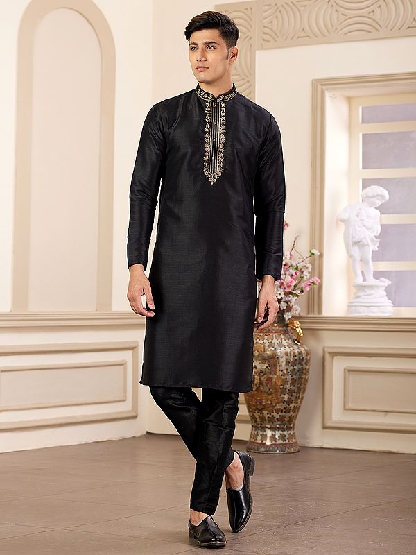 Men's Black Plain Kurta with Pajama in Banarasi Art Silk and Designer Collar