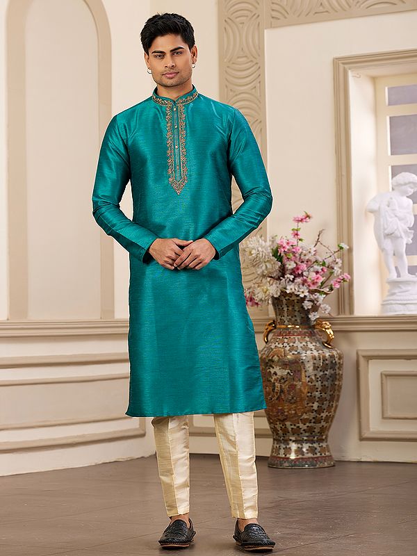 Mandarin Collar Plain Kurta and Pajama in Teal Green with Banarasi Art Silk