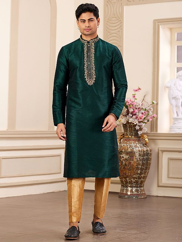 Green Kurta and Pajama of Banarasi Art Silk with Embroidered Work on Neck