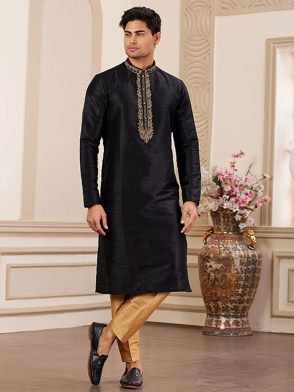 Banarasi Art Silk Kurta and Pajama in Golden & Black with Mandarin Collar