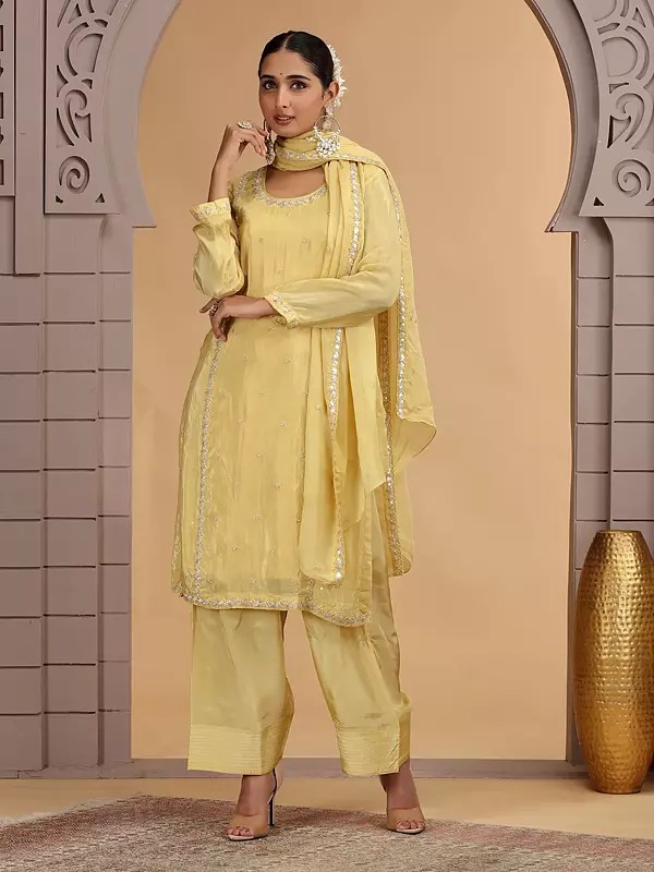Yellow Satin Silk Salwar Suit for Women with Dupatta and Embroidered Thread Work