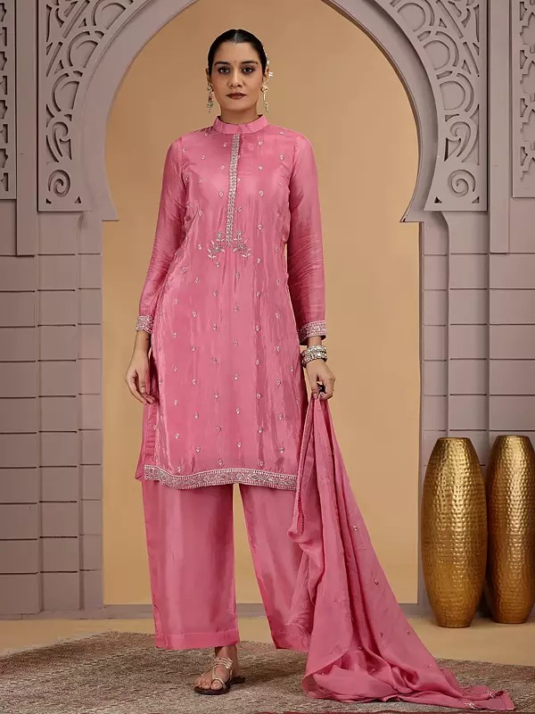 Pink Satin Silk Palazzo Suit and Dupatta with Embroidered Sequins Beads Thread Work