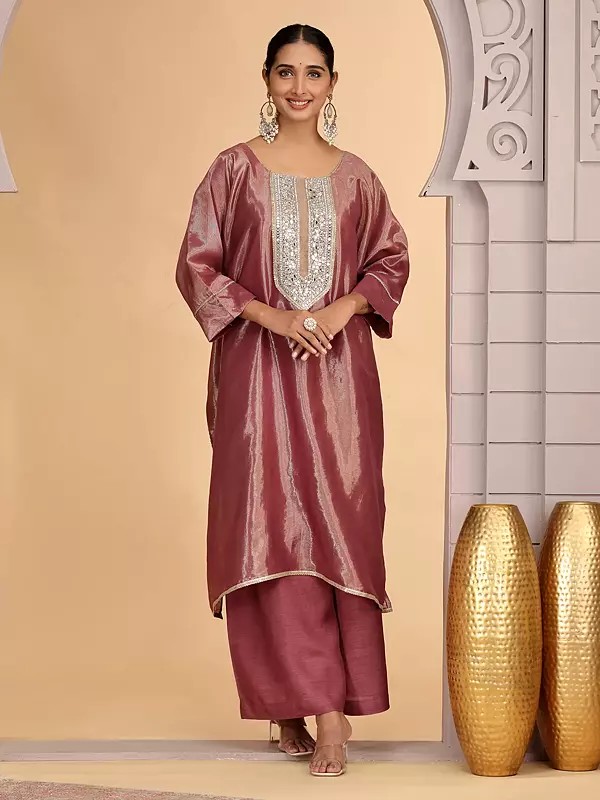 Magenta Organza Shimmer Daily Wear Outfit Kurti and Palazzo Set with Mirror Stone Work