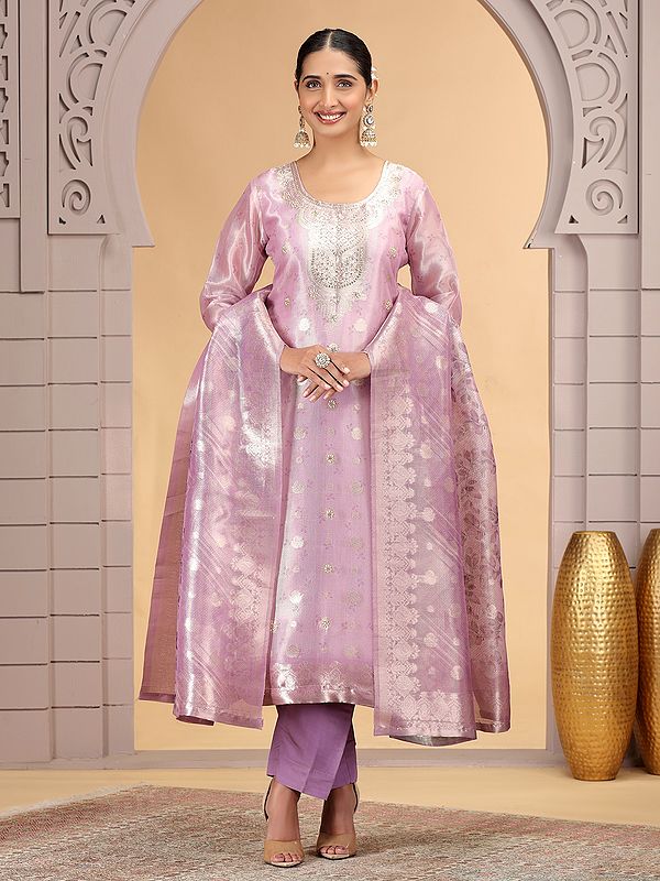 Purple Organza Jacquard Party Wear Pant (Salwar) Suit with Pattern Work and Dupatta