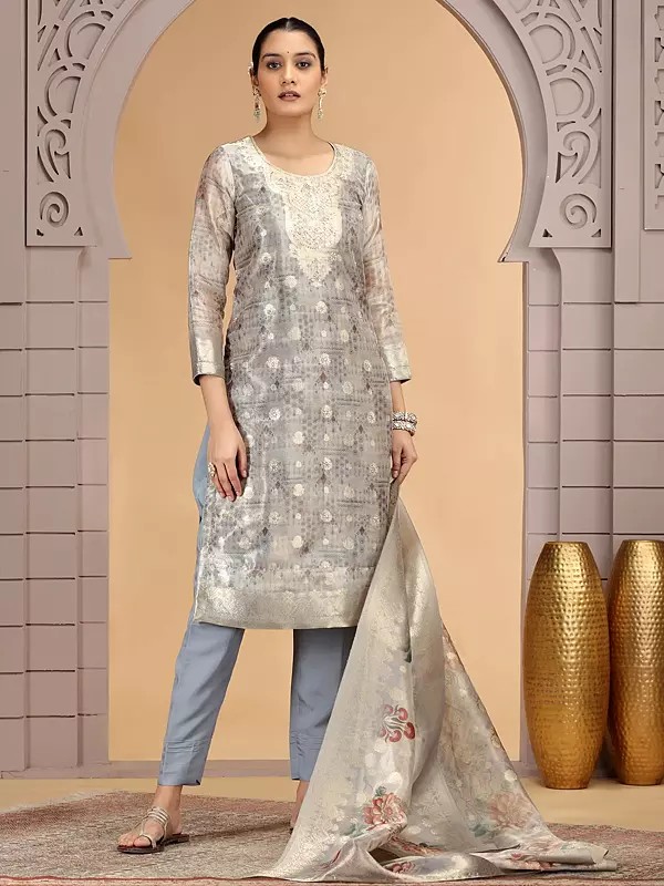 Grey Floral Motifs Organza Jacquard Party Wear Salwar Suit with Dupatta and Pattern Work