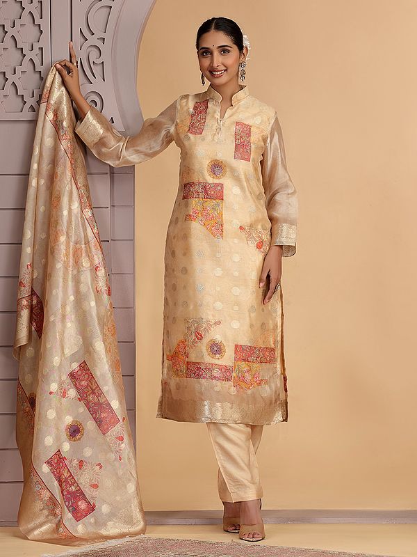 Golden Pattern Worked Organza Jacquard Party Wear Salwar (Pant) Suit with Dupatta