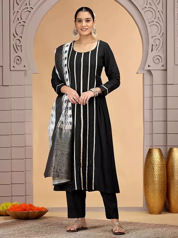 Golden and Black Chiffon Salwar (Pant) Suit with Dupatta and Pattern Work for Festival