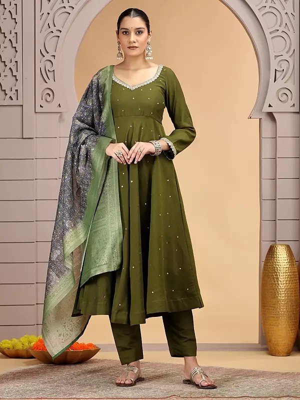 Olive Green Anarkali Suit Set with Beautiful Dupatta in Chiffon for Women