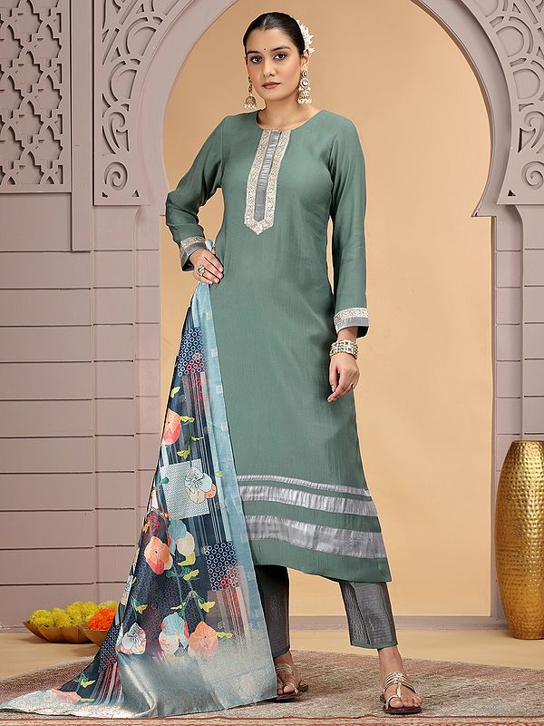 Grey Green Chiffon Salwar (Pant) Suit with Chanderi Jacquard Dupatta and Lace Work