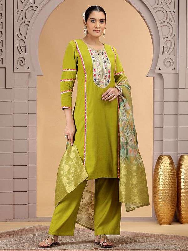Olive Yellow Chiffon Salwar (Pant) Suit for Women with Chanderi Jacquard Dupatta