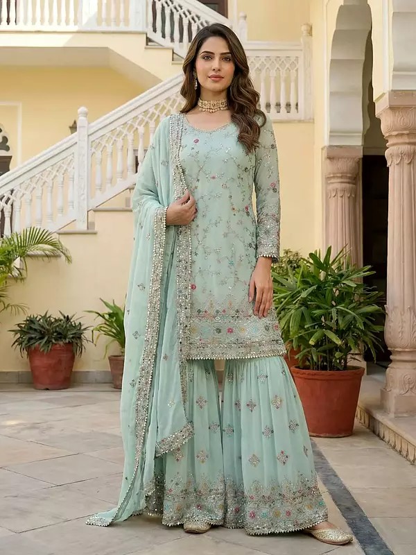 Elegant Faux Georgette Sharara Suit Set With Dupatta Featuring Heavy Embroidery Sequin Thread Zari Work For Women