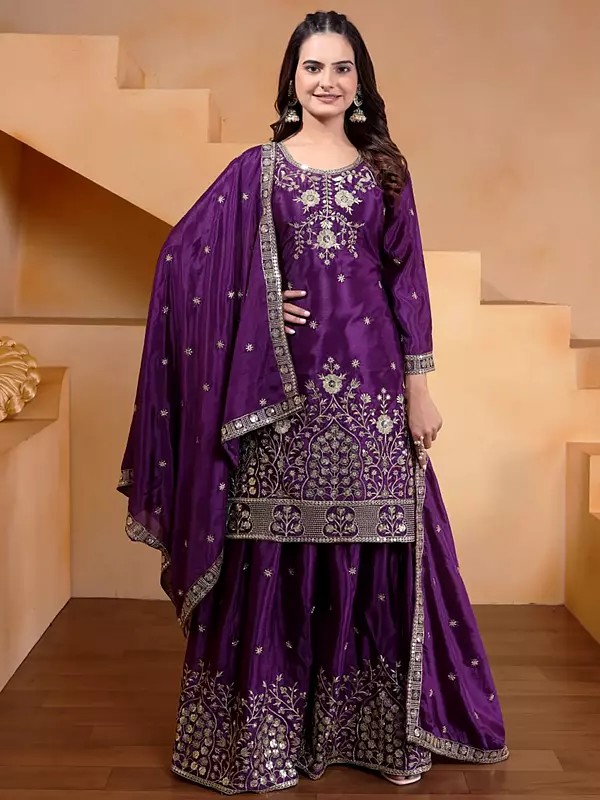 Designer Chinon Sharara Suit Set With Coding Sequin Embroidery Work And Rivet Moti Detailing Plus Dupatta For Women