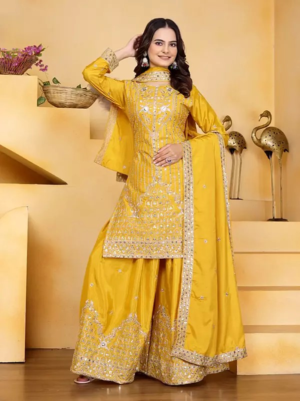 Premium Natural Crepe Sharara Set With Sequin Embroidery Work And Dupatta For Wedding Festive And Party Wear