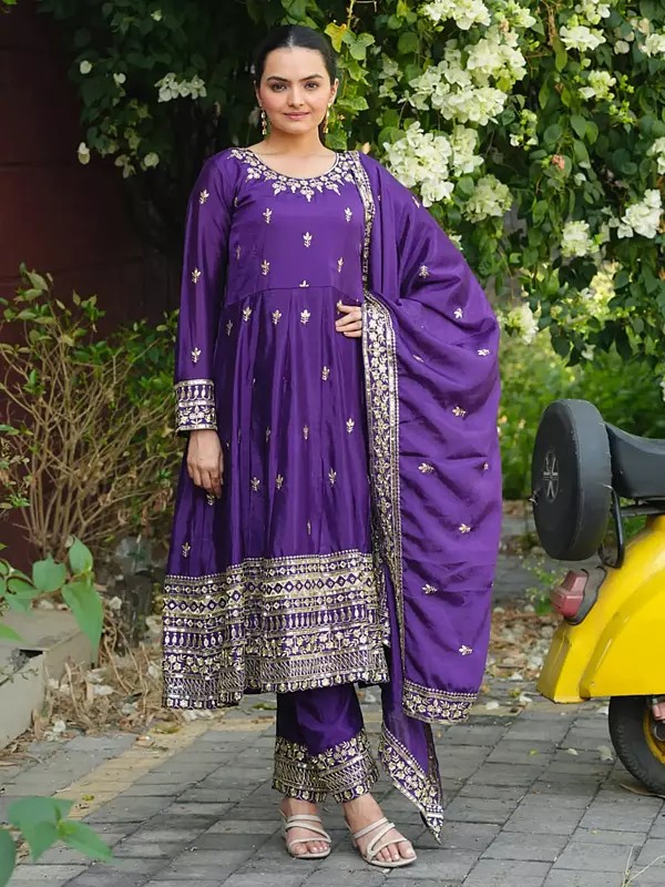 Regal Chinon Gown With Coordinating Bottom And Dupatta Showcasing Heavy Sequin Embroidery Work For Women