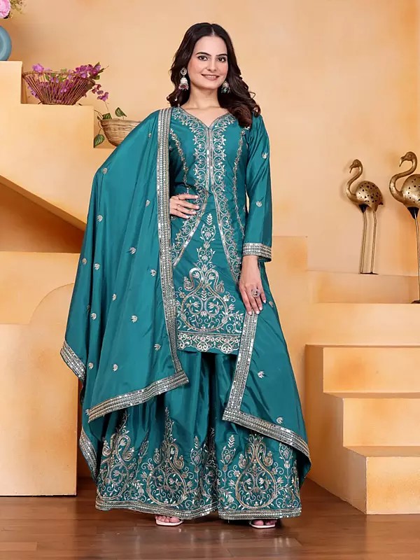 Elegant Natural Crepe Sharara Set With Sequence Embroidery Work And Dupatta For Women Wedding Festive And Party Wear