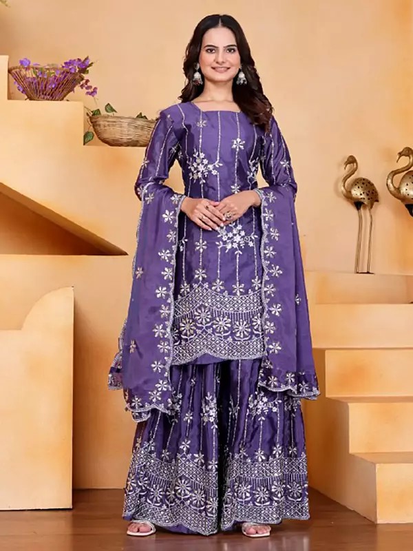 Opulent Chinon Sharara Ensemble With Dupatta Highlighted By Intricate Sequence Embroidery Work For Women