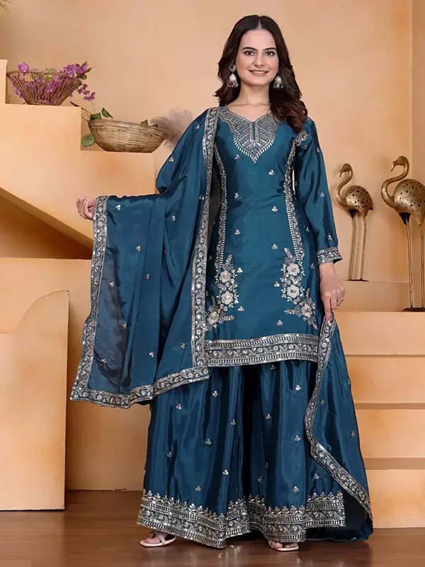 Chinon Sharara Ensemble With Dupatta Adorned With Sequence Embroidery Work For Women Ethnic Festive Wedding Wear