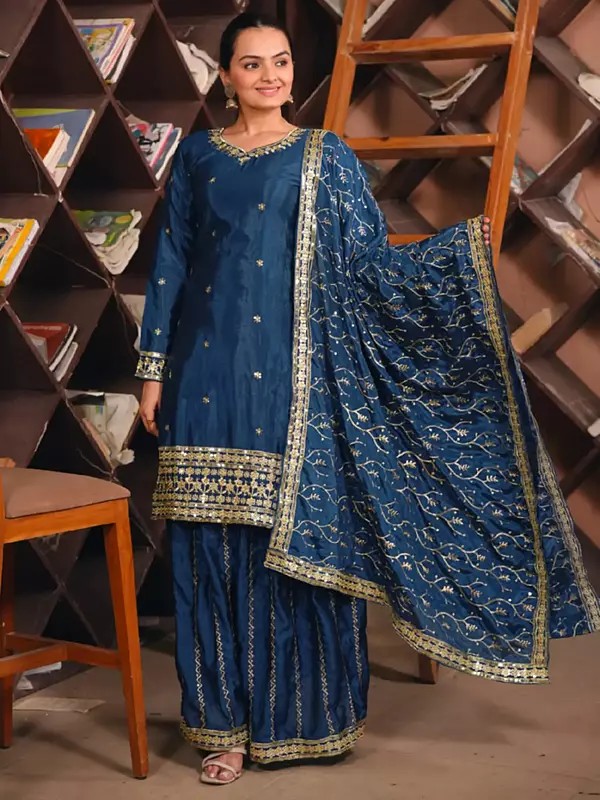 Luxurious Chinon Sharara Set With Dupatta Featuring Sequence Embroidery Work For Women Ethnic Festive Outfit