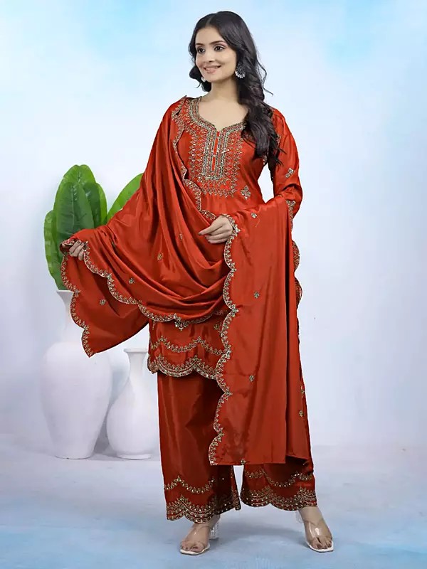Elegant Natural Crepe Kurta Set With Pants And Dupatta Featuring Sequence Embroidery Work For Women