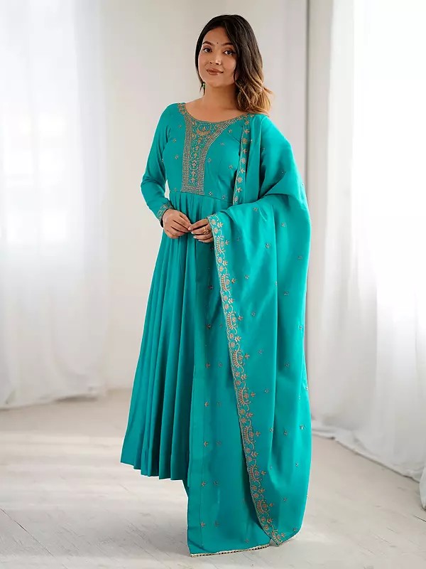 Premium Heavy Pure Roman Shimmer Chanderi Silk Anarkali Suit With Yoke Fancy Handwork Beads Work And Dupatta