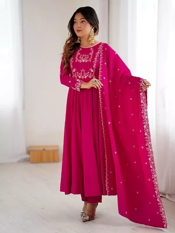 Exquisite Heavy Pure Roman Chanderi Silk Anarkali Suit With Yoke Fancy Handwork Beads Work And Dupatta For Women