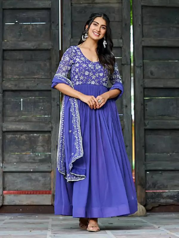 Faux Blooming Gown With Dupatta Featuring Sequins Multithread Beads Embroidered Work For Women