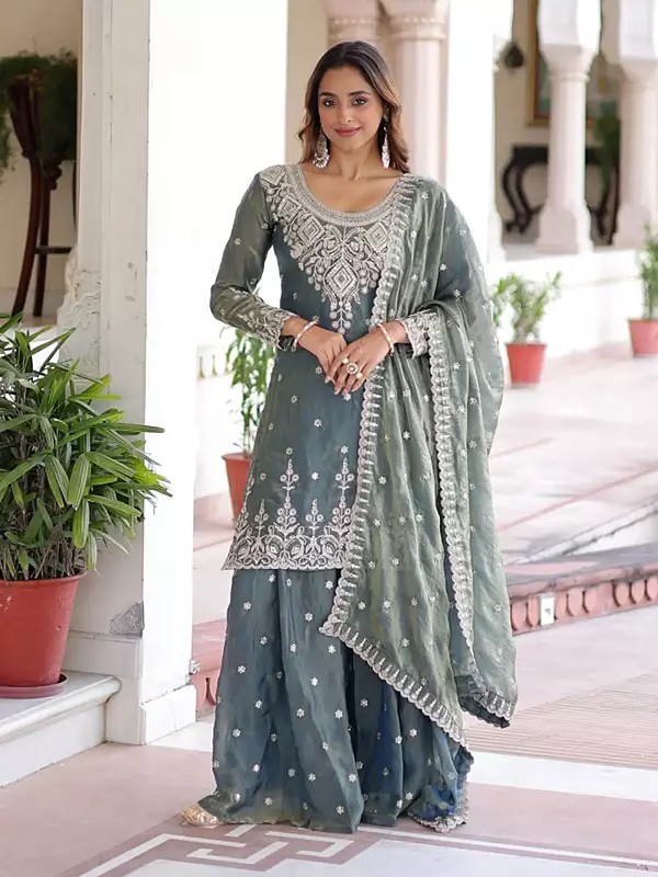 Exquisite Fendi Silk Sharara Set With Coding Sequins Embroidered Work And Dupatta For Women Wedding Outfit