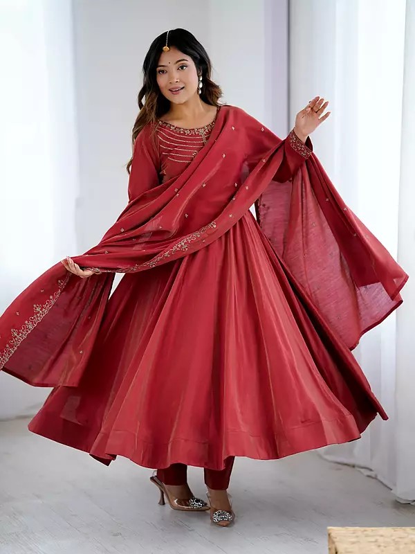 Stunning Maroon Heavy Pure Roman Shimmer Chanderi Silk Anarkali Suit With Yoke Fancy Handwork Beads Work And Dupatta