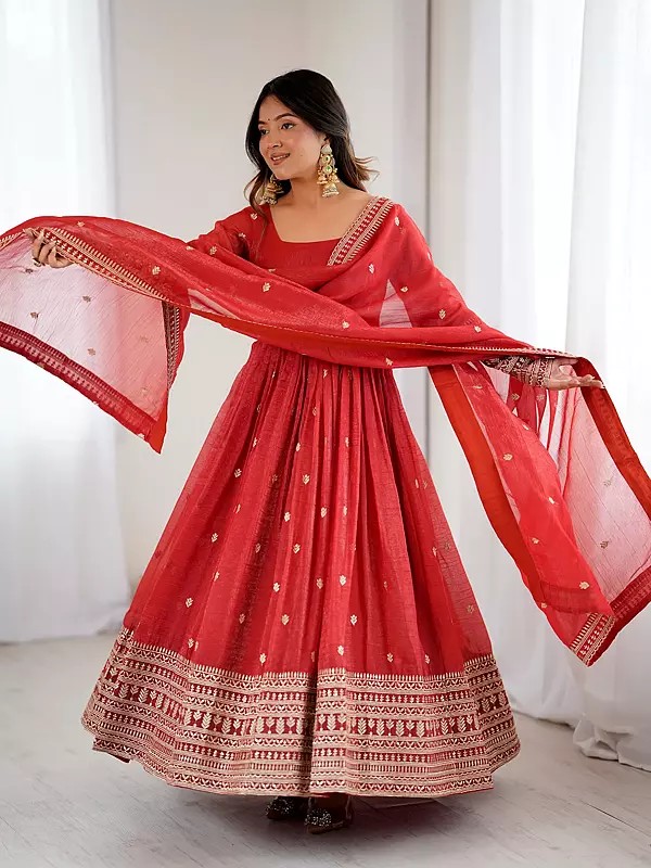 Rust Anarkali Suit Heavy Pure Crunchy Silk With Fancy Embroidery Jari And Sequence Work For Women Party Wear