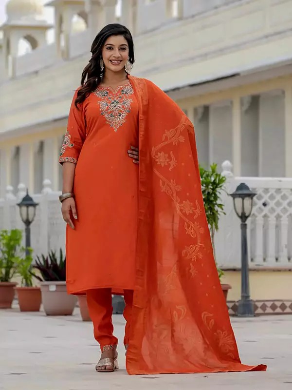 Elegant Premium Roman Silk Kurta Set With Coding Embroidery And Sequins Work With Dupatta For Wedding And Party Wear