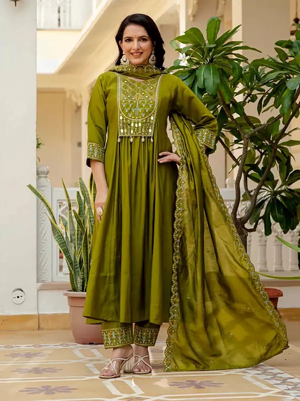 Designer Viscose Roman Silk Anarkali Suit With Bottom And Dupatta Heavy Multi Thread Embroidery And Real Mirror Hand Work